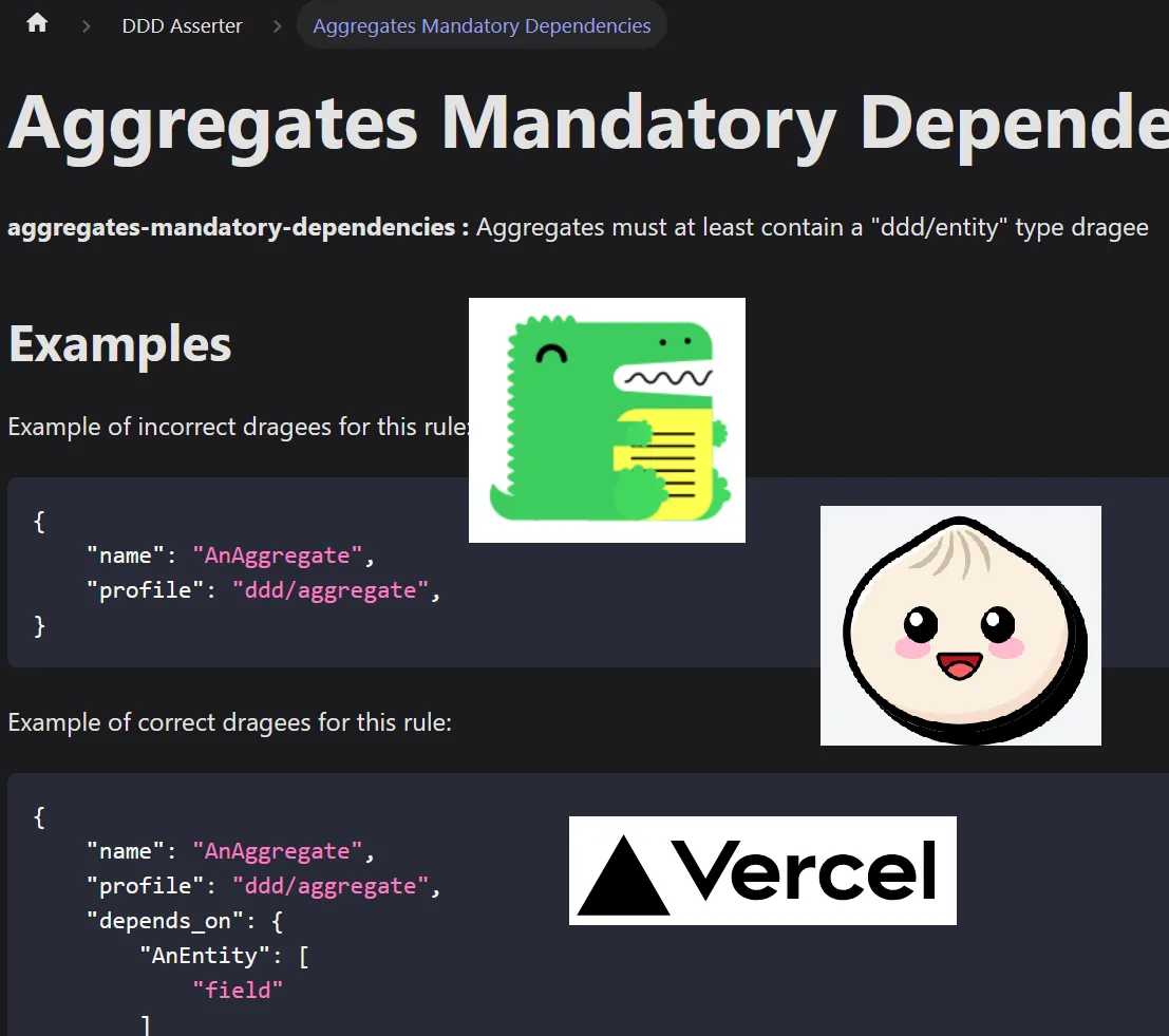 Page de documentation Dragee.io en fond, avec les logos de Docusaurus, Bun et Vercel