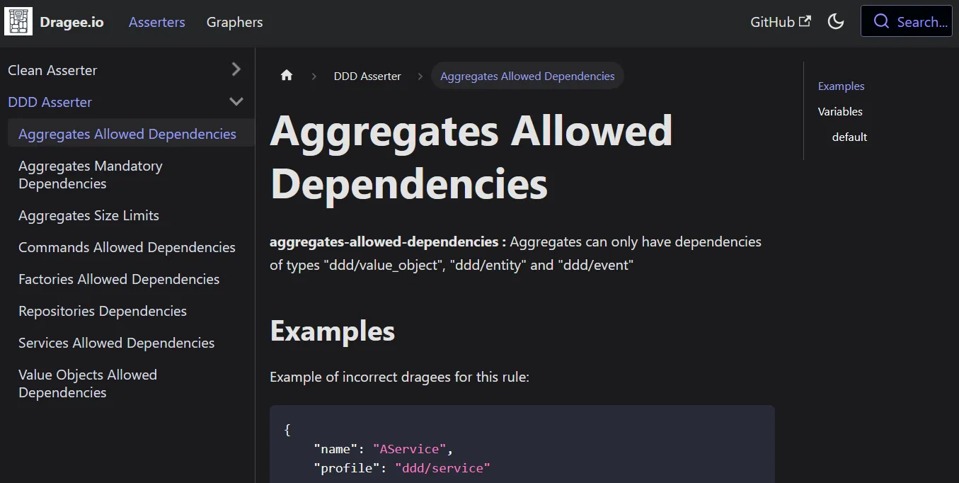 Capture d’écran d’une page de documentation de règle d’asserter du site Dragee, généré par Docusarus