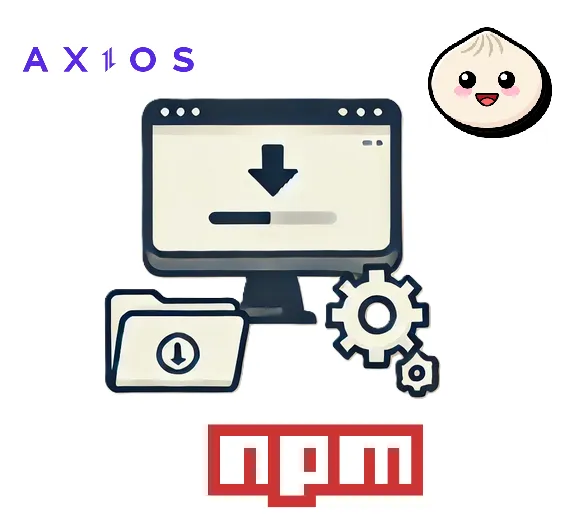 Image d’illustration représentant un ordinateur téléchargeant et installant, entouré des logos de Bun, npm et Axios