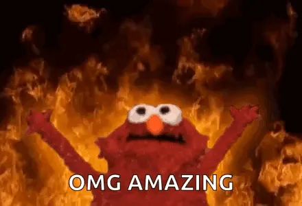 mème de la peluche Elmo en enfer disant en anglais “OMG AMAZING”