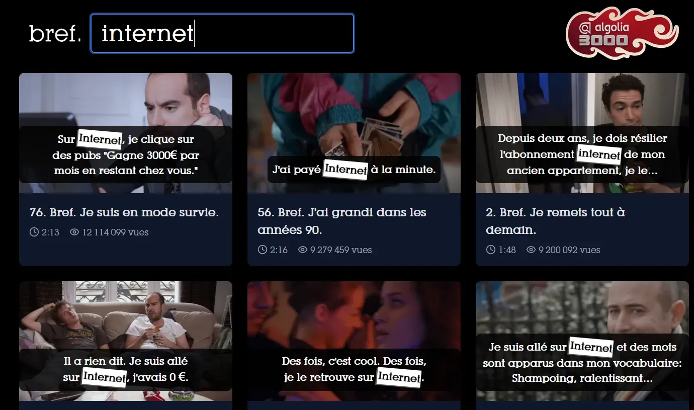 Un exemple : la recherche du terme “Internet” sur brefsearch.com. Le résultat est très rapide et pertinent, et les extraits se jouent au survol.