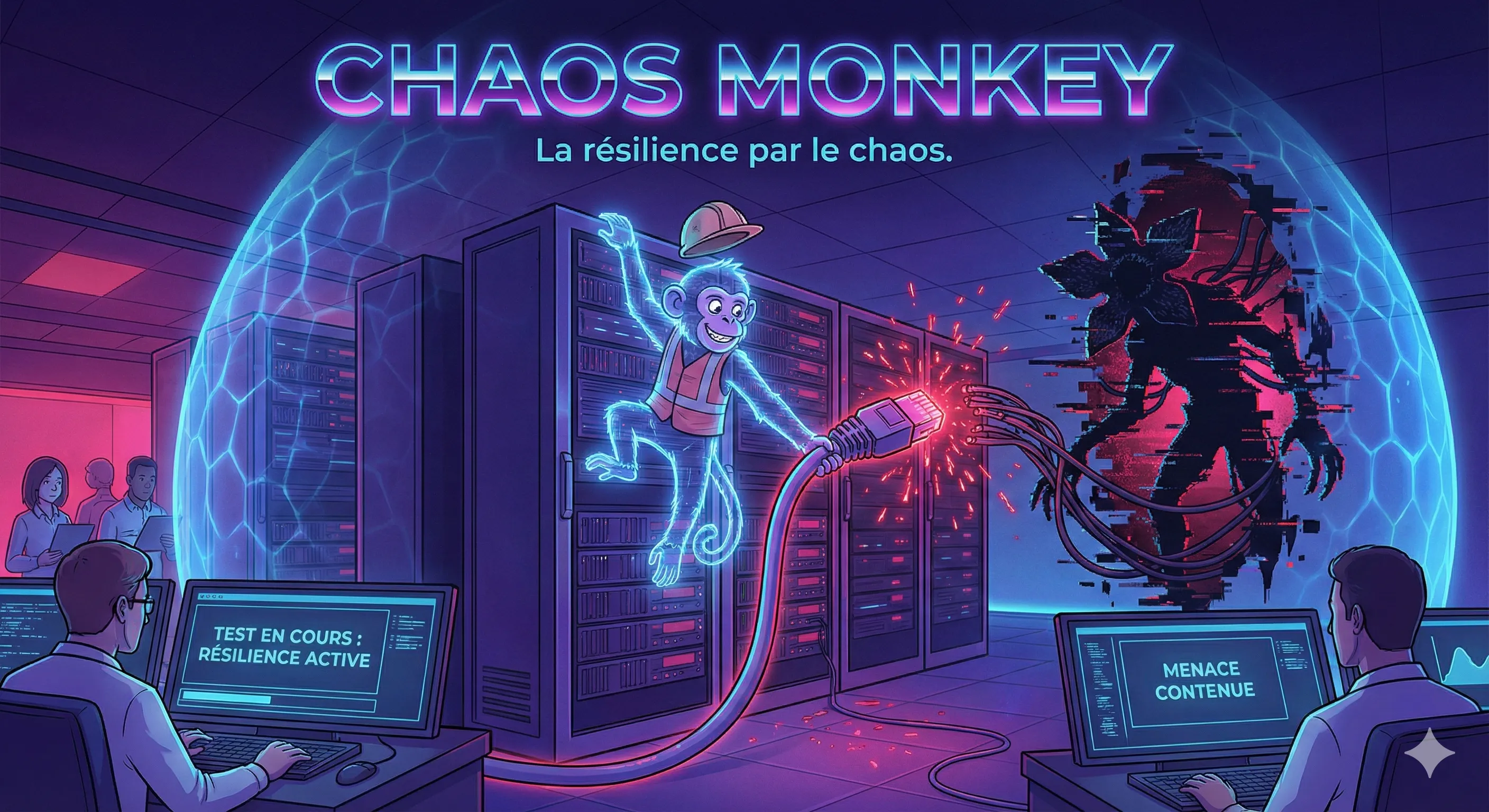 Illustration style synthwave aux néons violets montrant un singe holographique débranchant un câble serveur, ouvrant une faille numérique glitchée. Au premier plan, des ingénieurs surveillent calmement la situation, protégés par un bouclier énergétique bleu. Titre : CHAOS MONKEY.