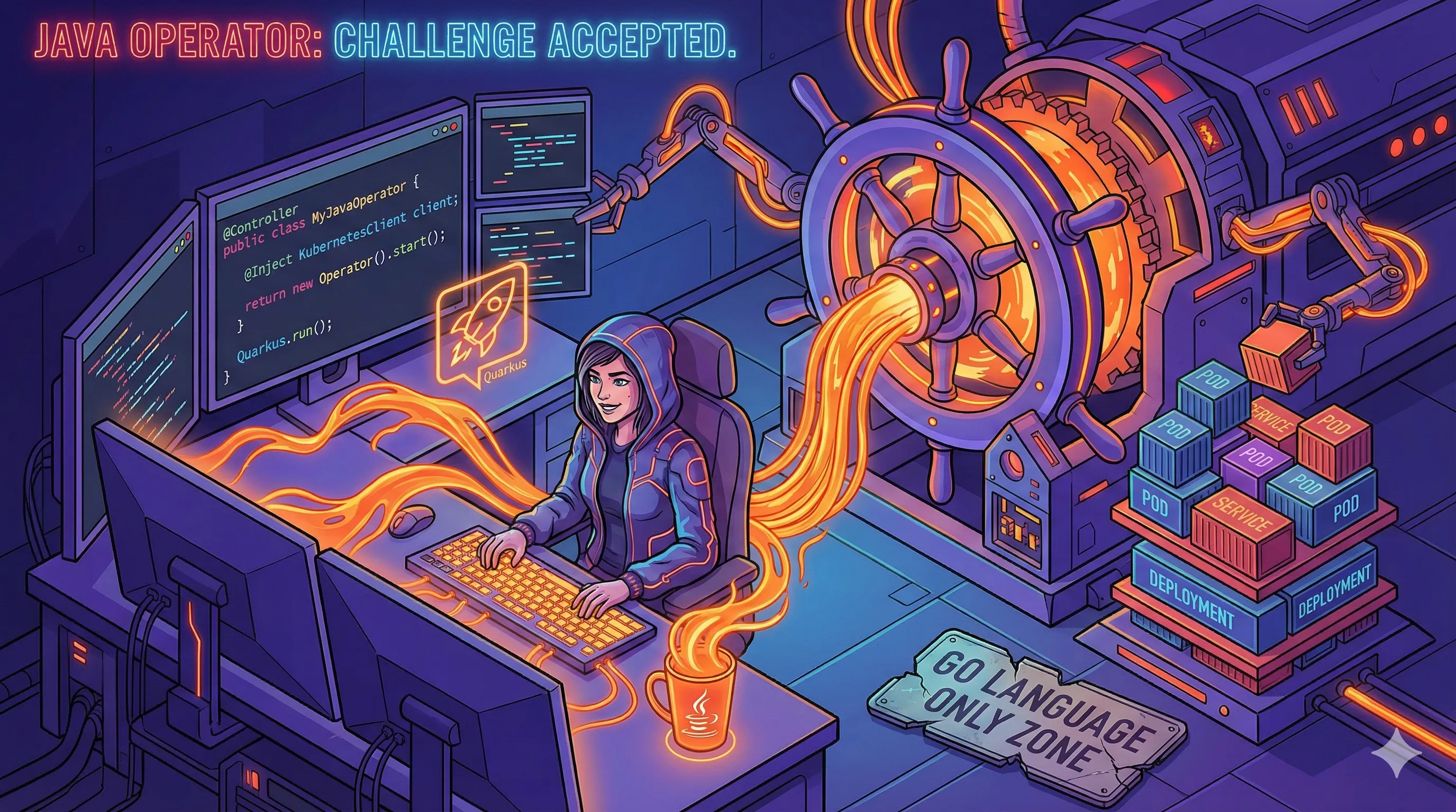 Illustration isométrique style tech-fantasy. Une développeuse injecte une énergie lumineuse orange, générée par du code Java et Quarkus, dans une machine Kubernetes géante en forme de gouvernail qui organise des conteneurs logiciels. Au sol, un panneau 'GO LANGUAGE ONLY ZONE' est brisé. Le titre en haut indique : 'JAVA OPERATOR: CHALLENGE ACCEPTED
