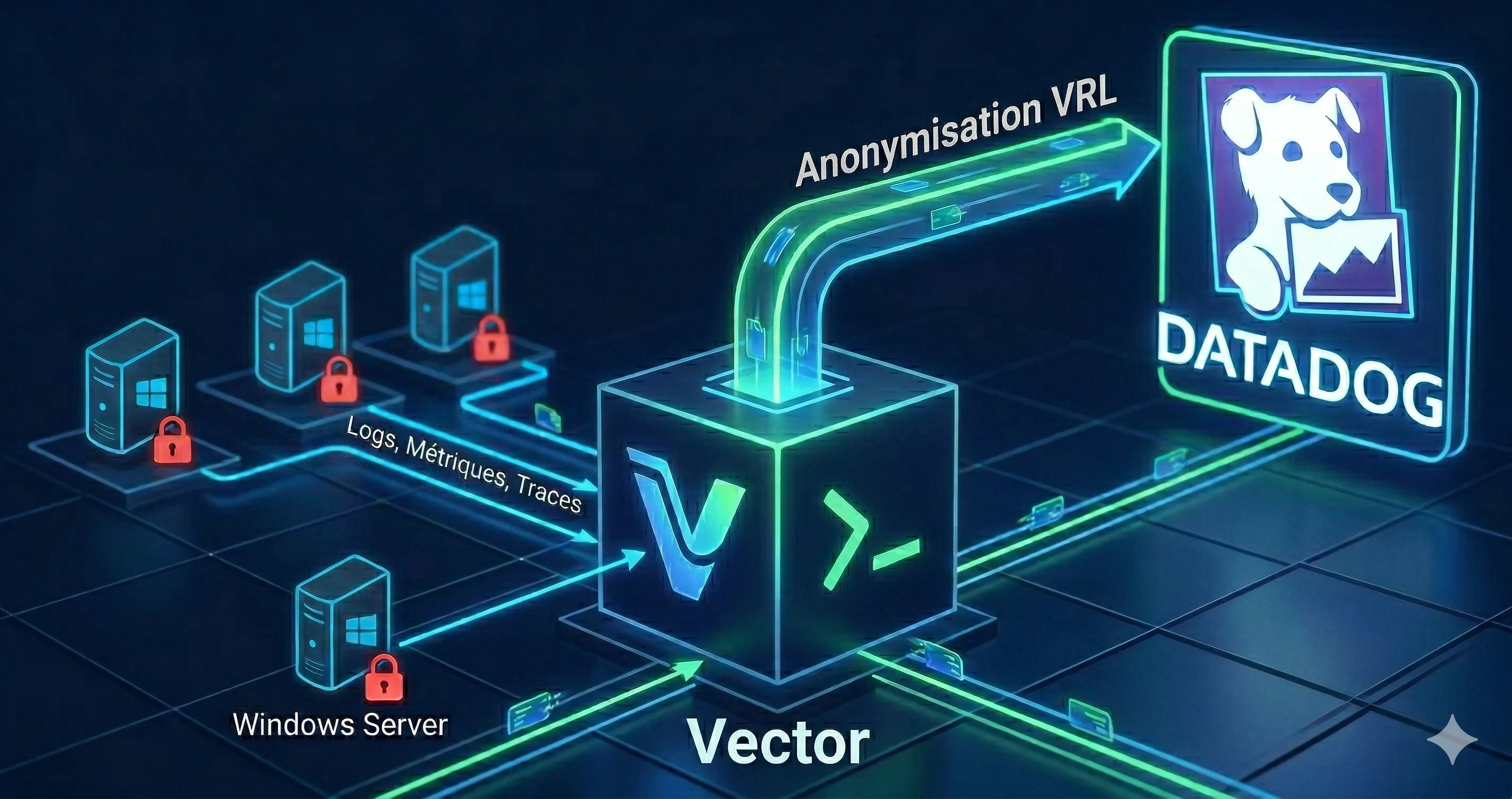 Cover de l'article : Diagramme d'architecture illustrant la collecte, l'anonymisation par Vector et l'envoi de logs serveurs vers Datadog.