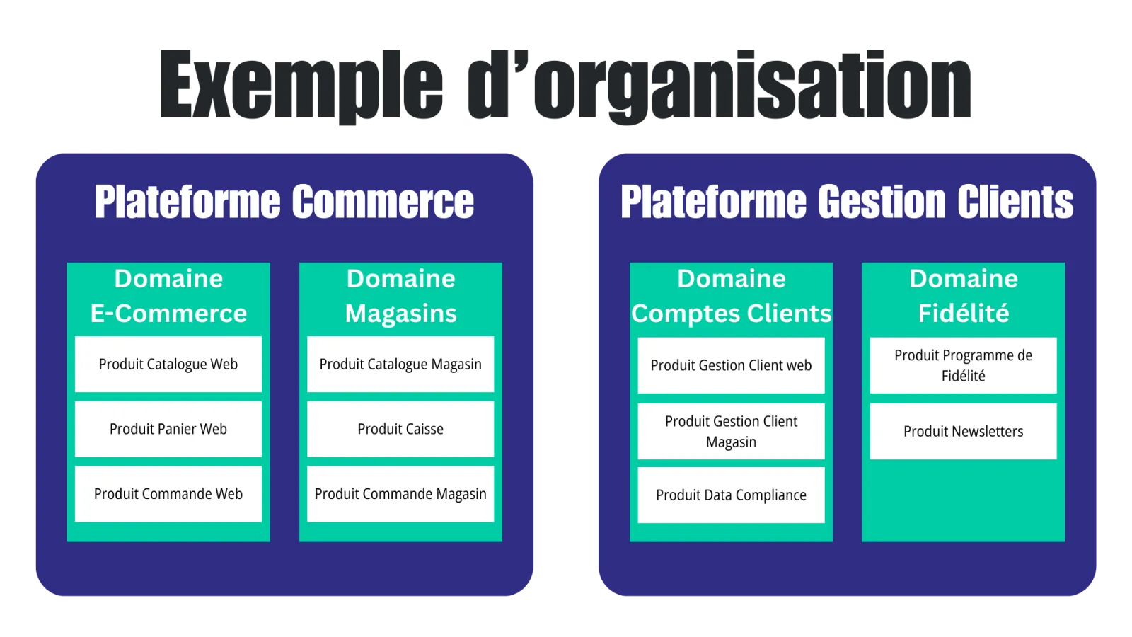 Schéma d’organisation d’un site e-commerce : la plateforme Commerce regroupe les domaines E-Commerce (catalogue, panier, commande web) et Magasins (catalogue, caisse, commande magasin) ; la plateforme Gestion Clients regroupe les domaines Comptes Clients (gestion client web, magasin, data compliance) et Fidélité (programme de fidélité, newsletters).