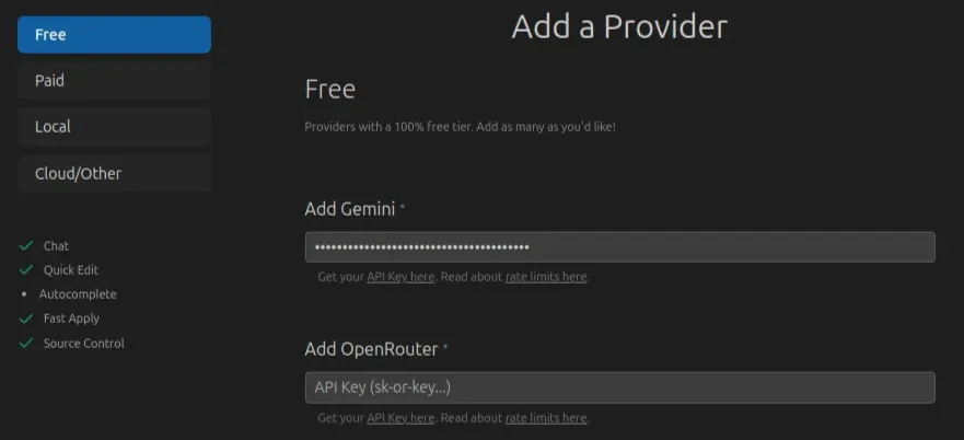Capture d’écran de l’ajout de l’API Key Gemini dans Void