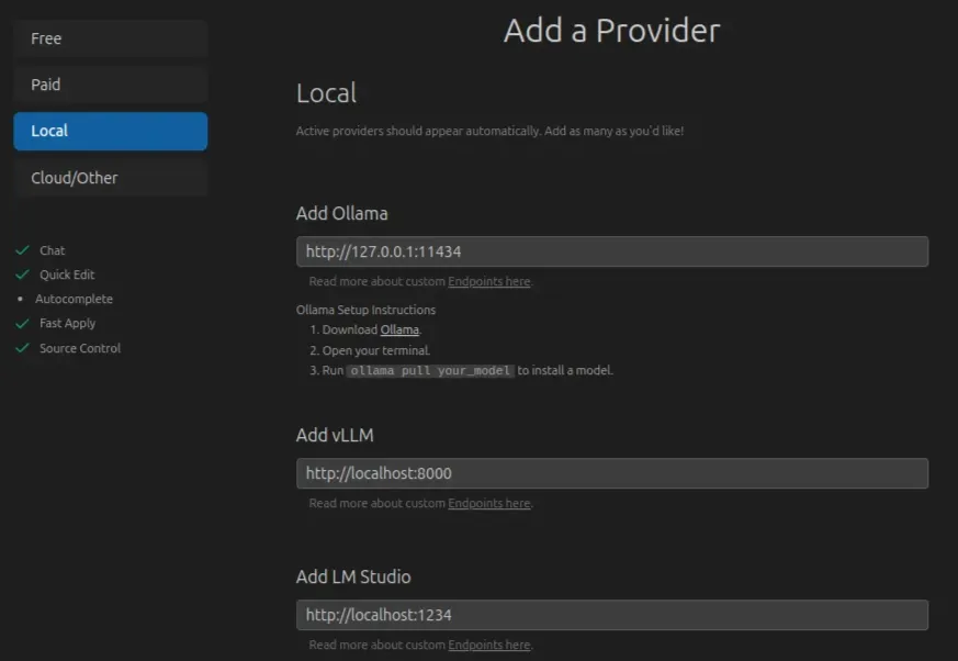 Configuration par défaut pour l’utilisation d’Ollama dans Void