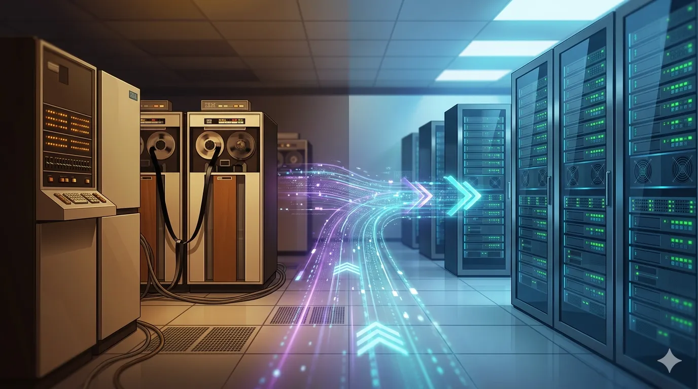 Comparaison visuelle entre un mainframe vintage des années 70 et un centre de données cloud moderne, reliés par un flux de données numérique bidirectionnel symbolisant la transformation numérique.