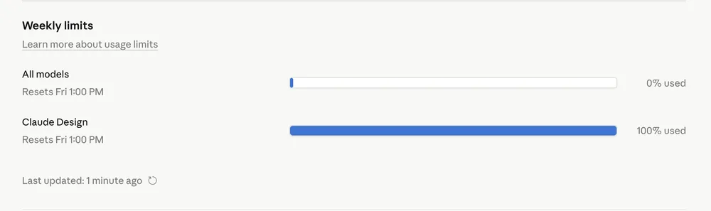 Le message d'avertissement de quota Claude Design