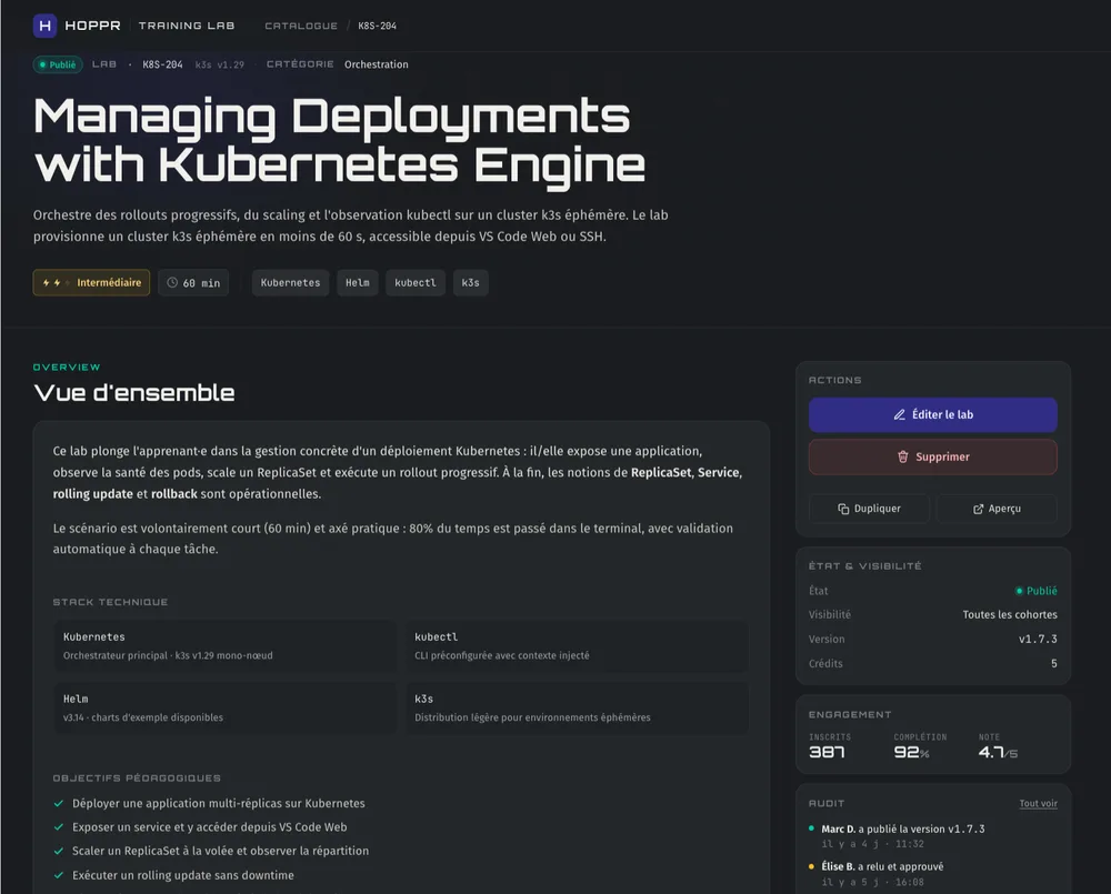 Page de détail d'une formation — générée par Claude Design à partir du design system HoppR et des exports HTML comme contexte.