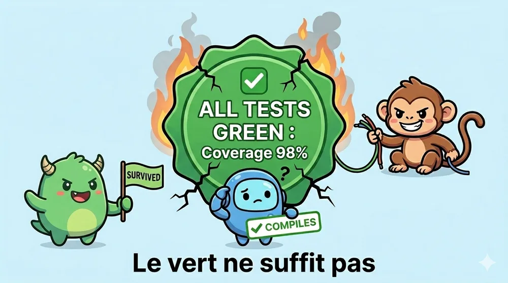 Illustration de couverture pour l'article "Le vert ne suffit pas". Au centre, un grand badge vert fissuré affichant "ALL TESTS GREEN : Coverage 98%" avec une coche, entouré de flammes et de fumée : symbolisant une fausse confiance.