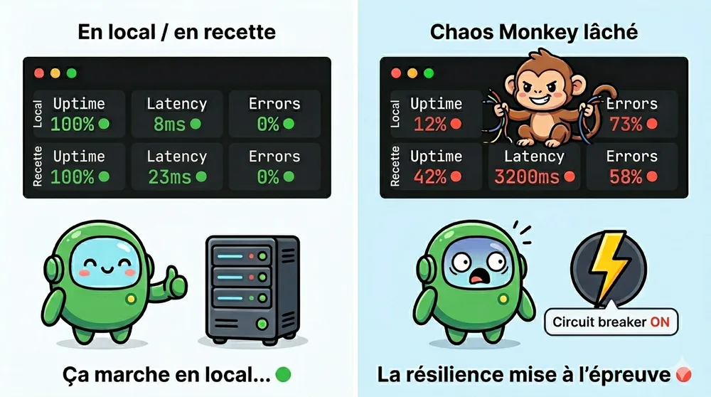 Illustration en deux parties expliquant le chaos engineering. À gauche, "En local / en recette" : un dashboard dark mode affiche deux lignes de métriques toutes au vert — Local : Uptime 100%, Latency 8ms, Errors 0% ; Recette : Uptime 100%, Latency 23ms, Errors 0%. En dessous, un petit robot vert souriant fait un pouce levé à côté d'un serveur. Légende : "Ça marche en local... ". À droite, "Chaos Monkey lâché" : le même dashboard mais avec toutes les métriques dans le rouge — Local : Uptime 12%, Latency 4800ms, Errors 73% ; Recette : Uptime 42%, Latency 3200ms, Errors 58%. Un singe malicieux est assis sur le dashboard en tirant des fils. En dessous, le même robot vert panique avec les yeux écarquillés, à côté d'un badge circuit breaker ⚡ avec la mention "Circuit breaker ON". Légende : "La résilience mise à l'épreuve 