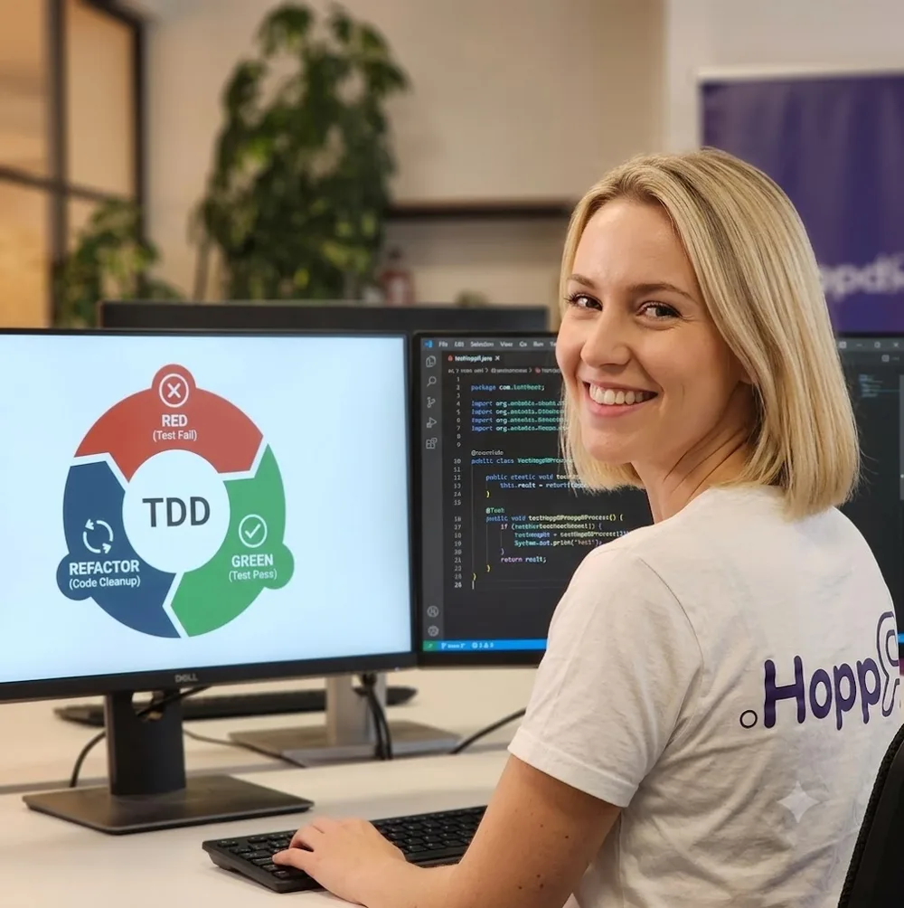 Une développeuse HoppR faisant du TDD en Java. Sur un de ses écrans, le fameux cycle red → green → refactor caractéristique du TDD. Sur l’autre, du code en Java.