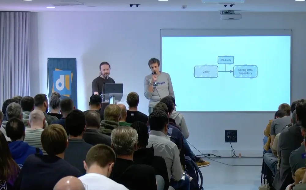 Sylvain et Edouart devant une salle comble, l'un au micro portant un pull PayFit, face à un diagramme reliant Caller, JPA Entity et Spring Data Repository.