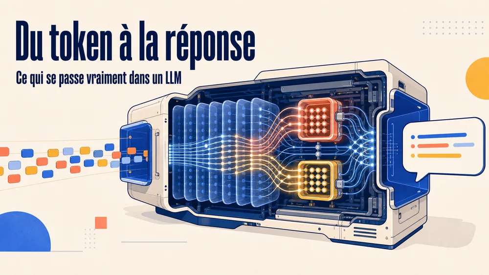 Du token à la réponse : représentation d’un LLM ouvert, avec des tokens traversant ses couches avant de devenir du texte.