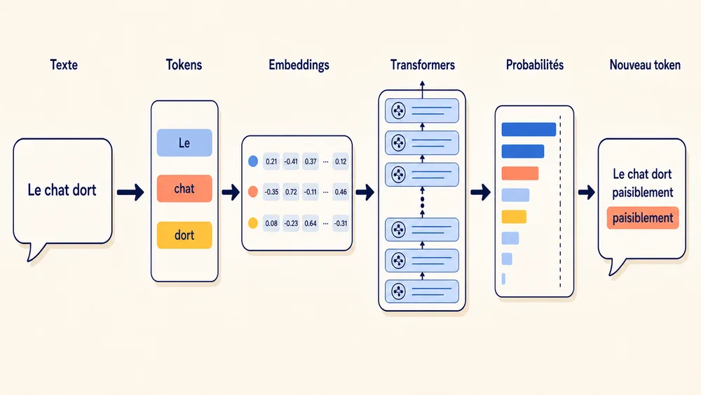 Parcours d’un texte dans un LLM : tokenisation, embeddings, couches Transformer, probabilités et génération du token suivant.