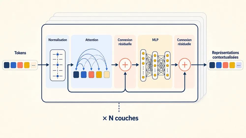 Structure d’un bloc Transformer : normalisation, attention, connexions résiduelles et réseau MLP, répétés sur plusieurs couches.