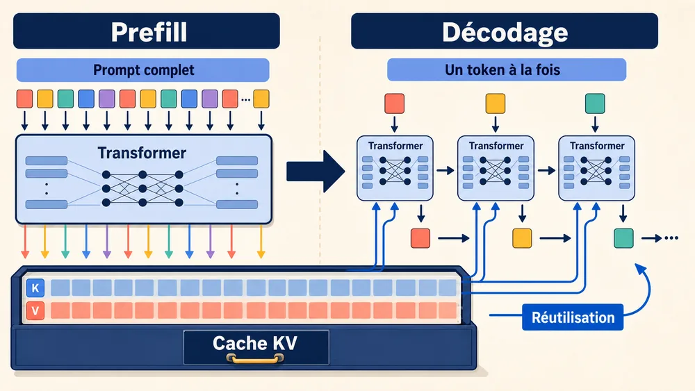 Inférence d’un LLM : traitement parallèle du prompt pendant le prefill, puis génération séquentielle avec réutilisation du cache KV.