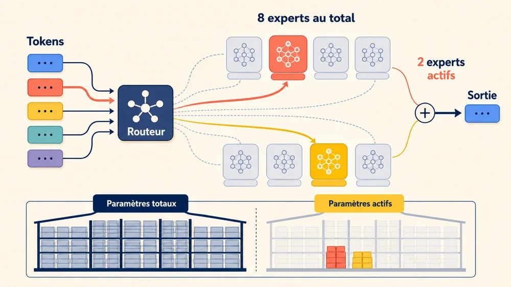 Mixture of Experts : un routeur sélectionne deux experts parmi huit pour traiter un token, réduisant le nombre de paramètres actifs.