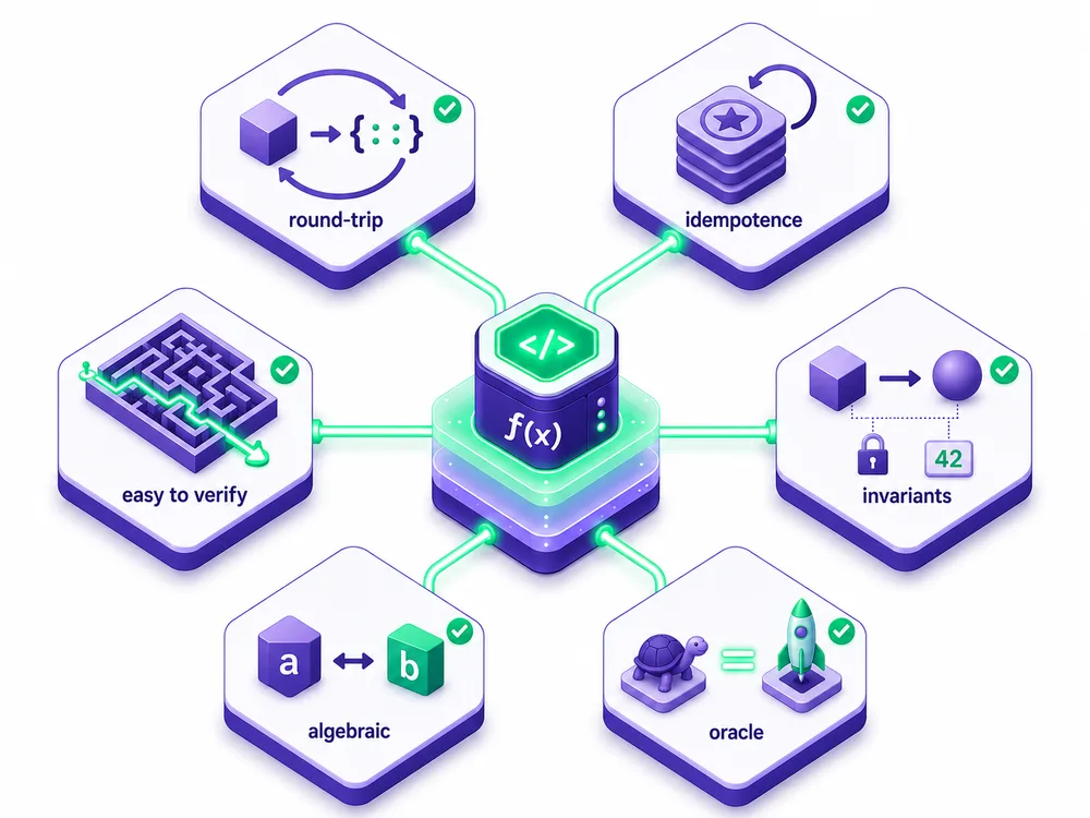Illustration isométrique violette sur fond blanc. Un cube central marqué f(x) représente la fonction testée, relié par des connecteurs verts à six tuiles hexagonales disposées en couronne, chacune validée par une coche verte et illustrant un pattern de property based testing : round-trip, idempotence, invariants, oracle, algebraic et easy to verify.
