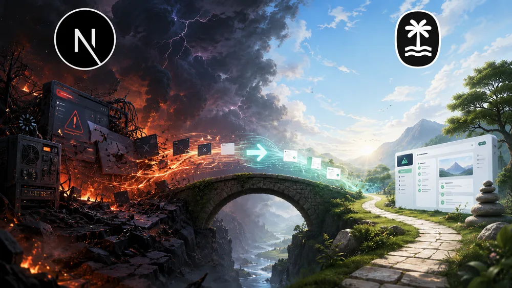 Illustration symbolique d’une migration de Next.js vers TanStack Router. À gauche, le logo de Next.js domine un environnement sombre et chaotique, ravagé par les flammes, les débris, les erreurs et une infrastructure informatique surchargée. Au centre, un pont traversé par un flux lumineux représente le transfert progressif de l’application et de ses composants. À droite, le logo de TanStack Router surplombe un paysage lumineux, verdoyant et paisible, avec une interface claire, un chemin dégagé et des pierres empilées évoquant la stabilité, la simplicité et la sérénité retrouvées.