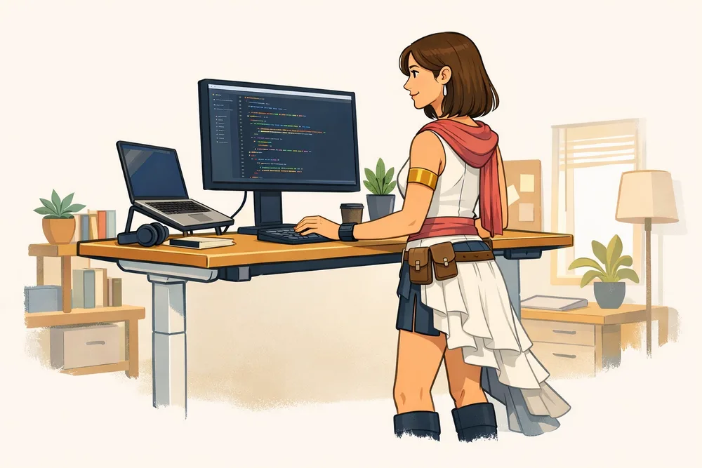 Illustration d'une développeuse travaillant debout devant un bureau assis-debout ergonomique avec écran externe et ordinateur surélevé