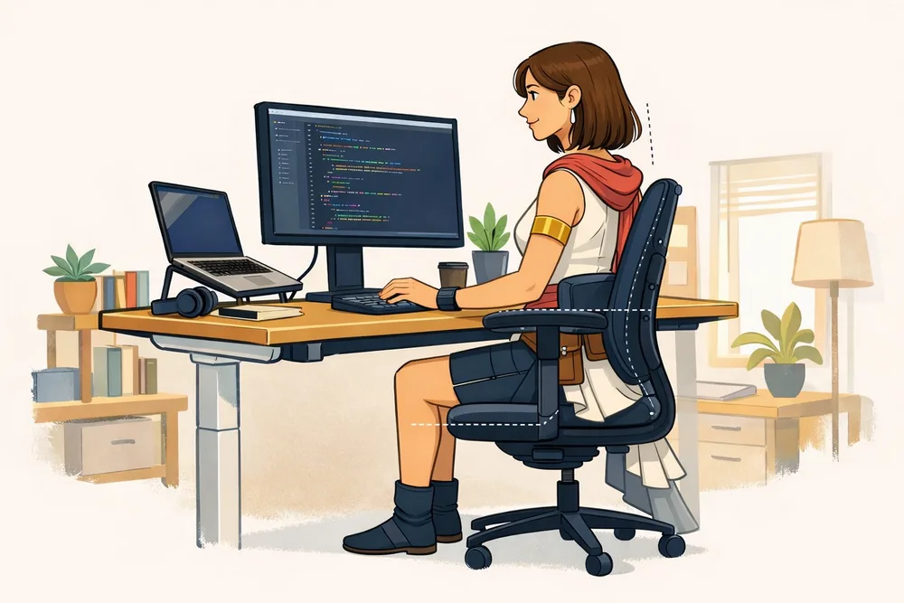 Illustration d'une posture assise ergonomique au bureau avec repères de réglage