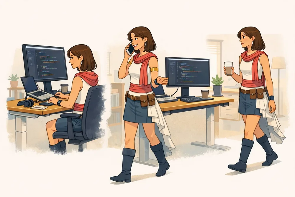 Femme alternant entre le travail assis, debout et la marche pour aller boire.