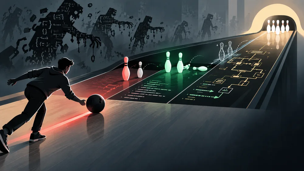 Illustration abstraite d’un développeur lançant une boule de bowling sur une piste traversée de symboles et schémas de code, tandis que des silhouettes de zombies numériques émergent en arrière-plan et que des quilles lumineuses l’attendent au bout de la piste.